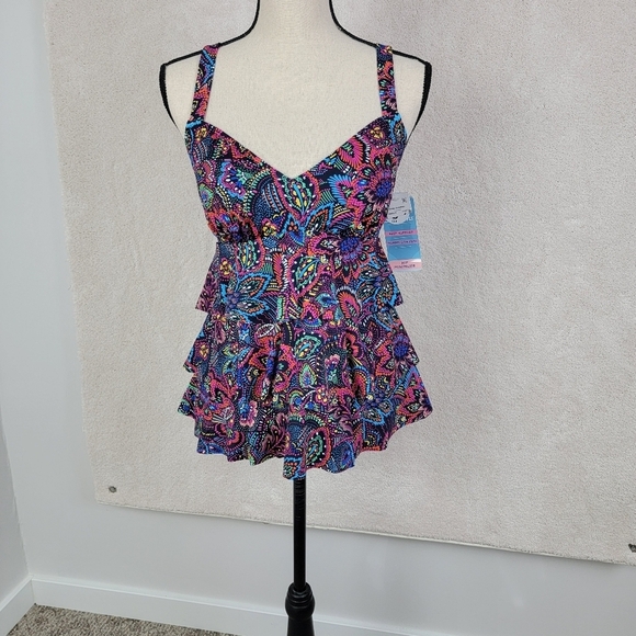 Swim Solutions Navy Multi Color Floral Tummy Control Tiered Swimsuit Sz10 D NEW - Picture 2 of 16